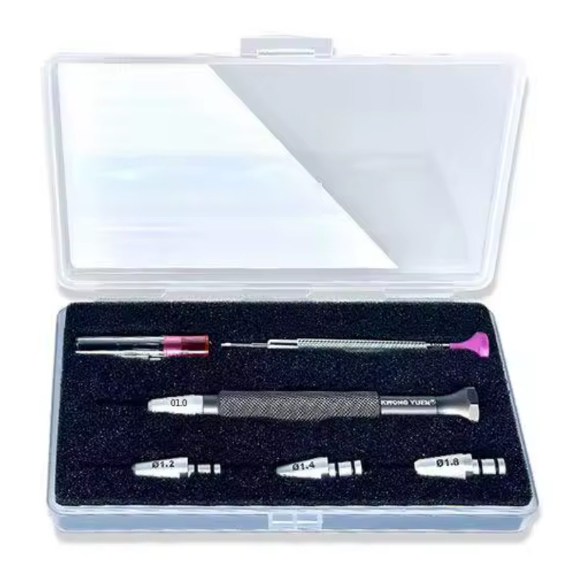 Quick-change watchmaker's screwdriver set in its open case, handle and 1.0 to 1.8 mm tips