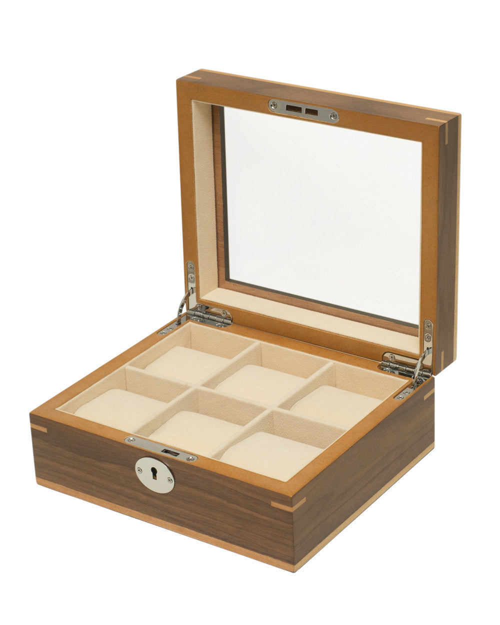 Clipperton 6 watch box in brown wood with glass lid