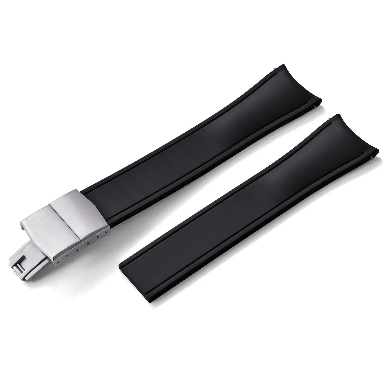 KronoKeeper Curved Adjustable Rubber Strap with Deployant Clasp - Black - rubber watch strap