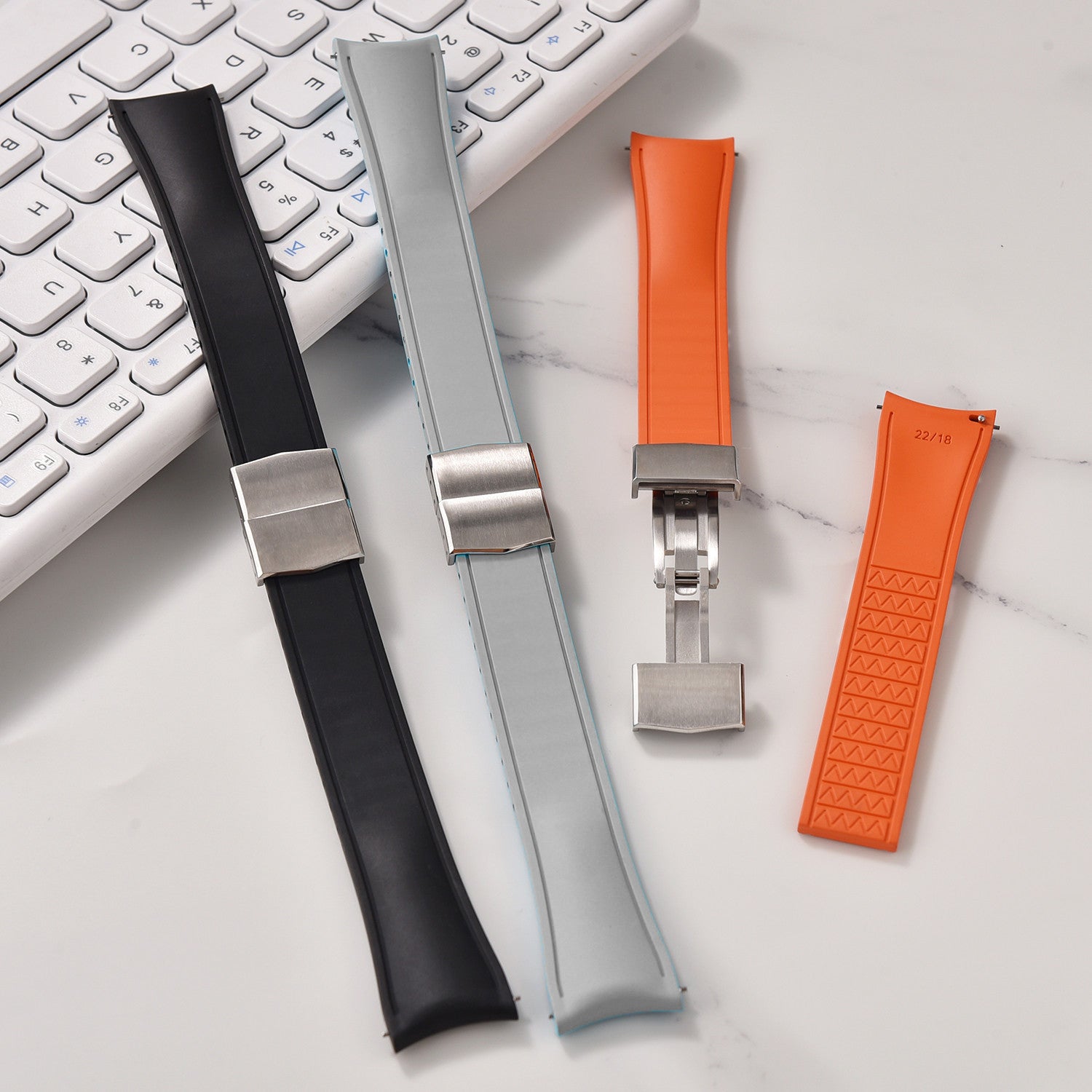 KronoKeeper 弧形可调节橡胶表带，带折叠表扣 - 灰色