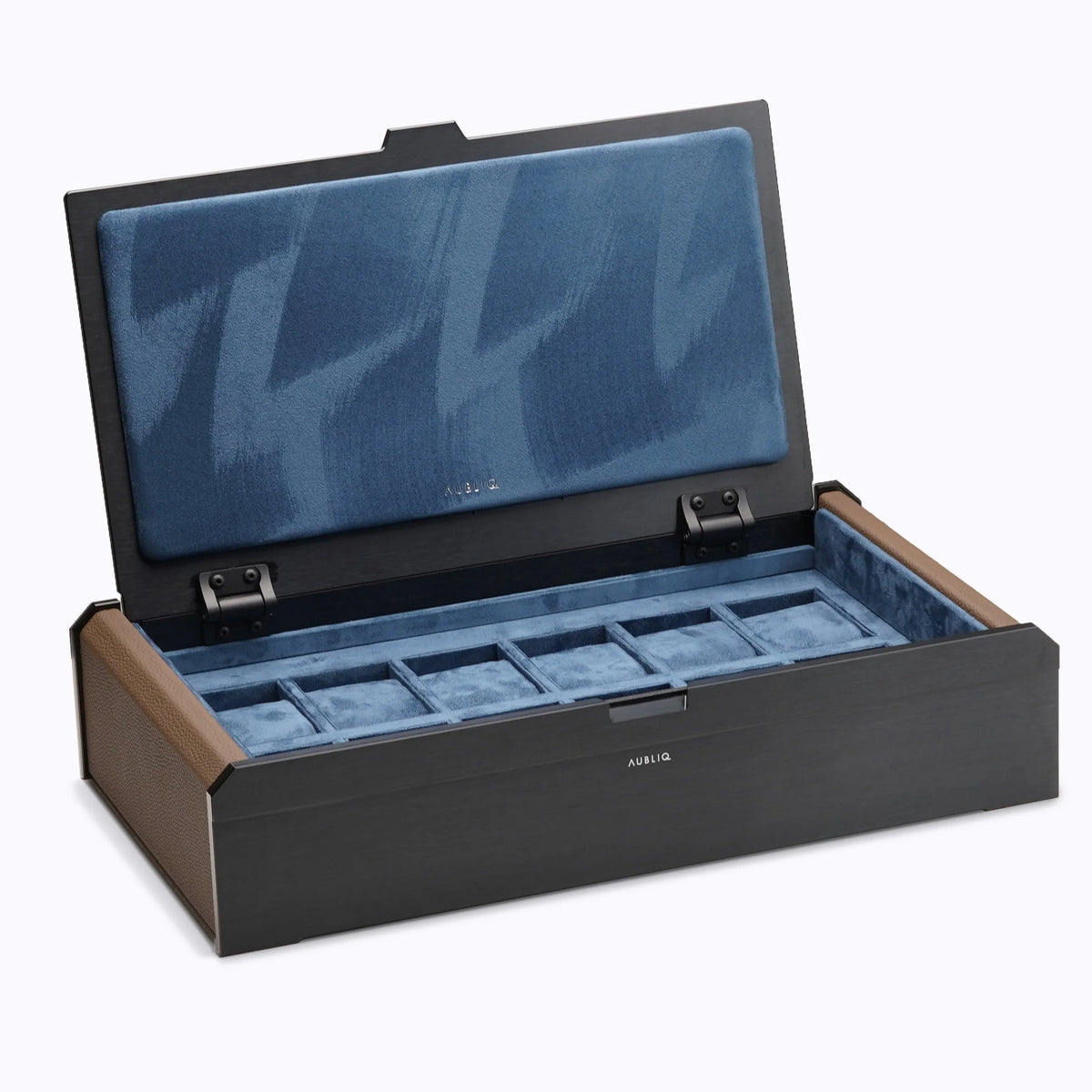 Aubliq Attention watch box in black aluminium and brown leather, open, Royal Blue lining