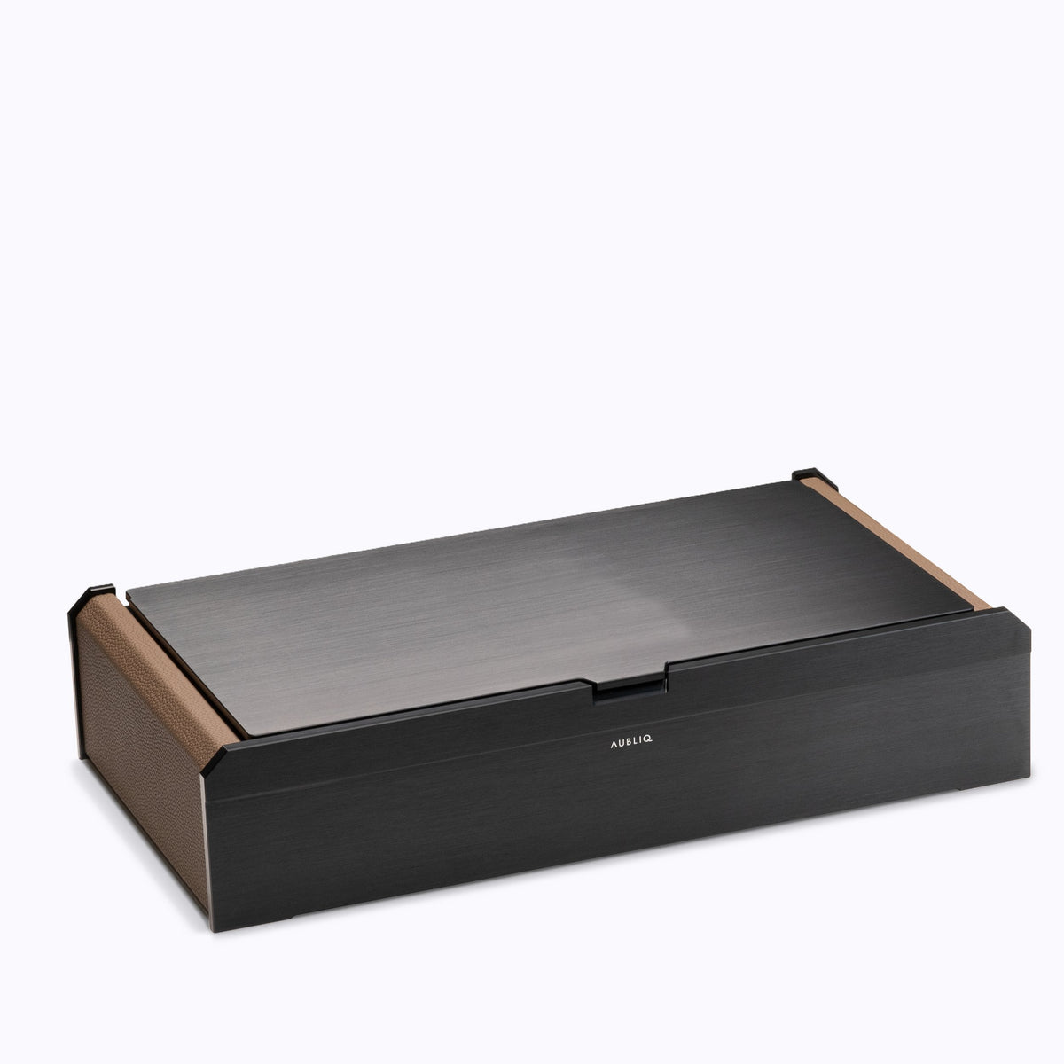 Aubliq Attention 10/12 watch box in black aluminium and brown calf leather, closed