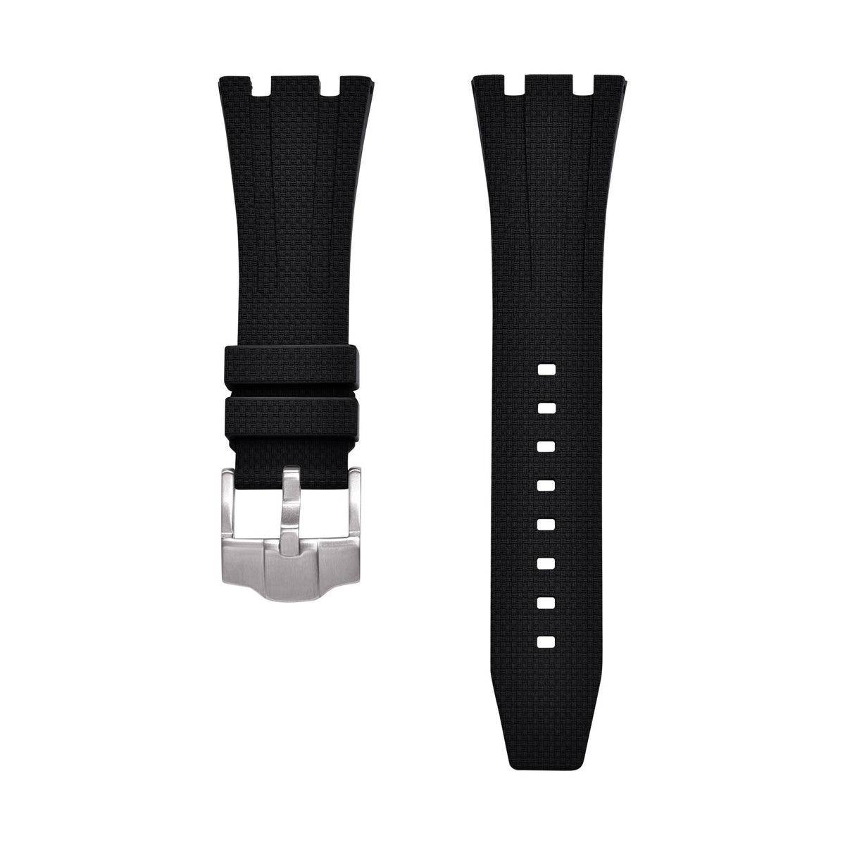 Rubber strap and case for AP x Swatch Black KronoKeeper – strap laid flat, both ends